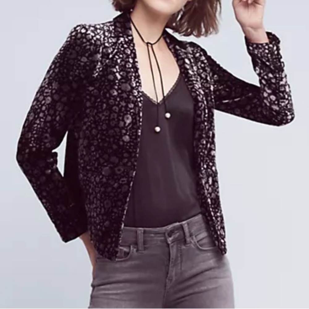Anthropologie Elenenses Lumi Velvet Blazer Black Splash Size 10 Jacket Pockets
